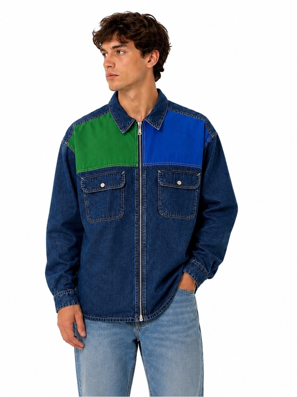 READ!!! Vintage Tommy Hilfiger Denim Zip Shirt Jacket Colourblock 90s Y2K XL XXL